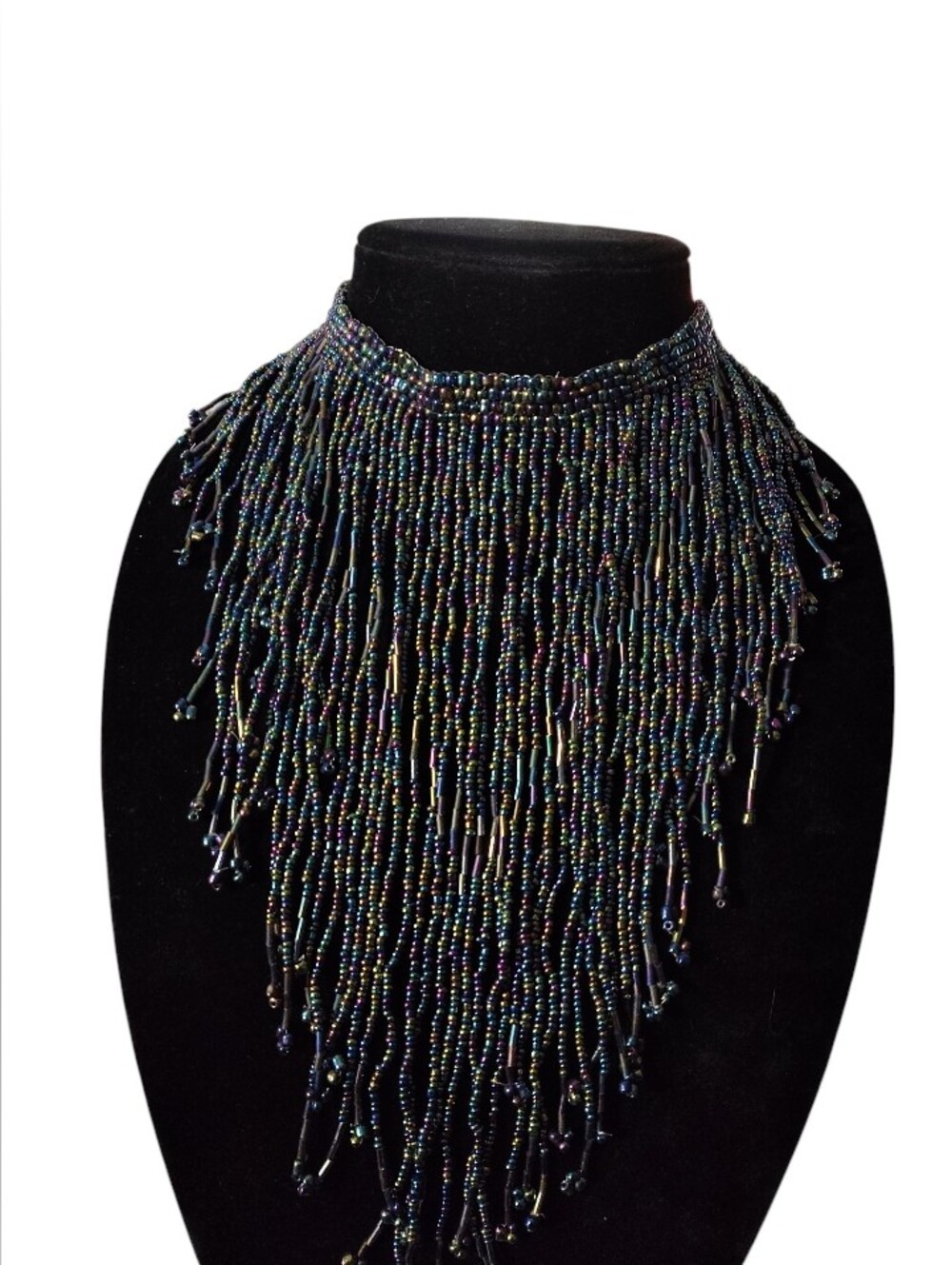 Iridescent Black Beaded Fringe Bib Necklace
